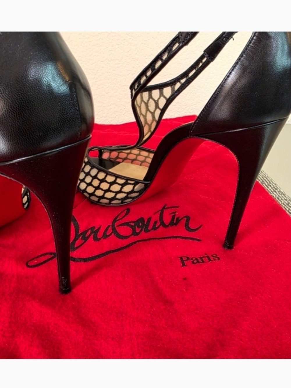 Christian Louboutin Black Leather Sheer Mesh Peep-Toe Heels EU 38 / US 8 - Picture 9 of 13